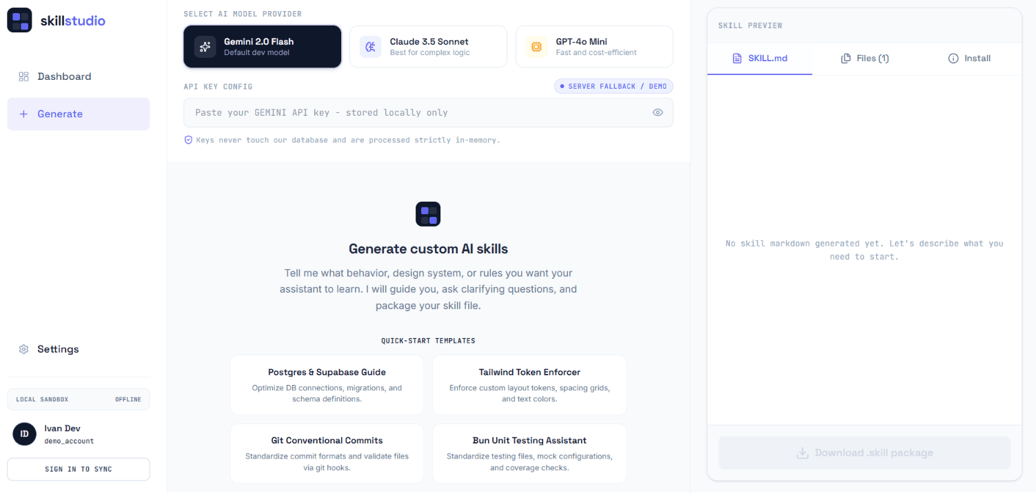 SkillStudio's skill generator: chat panel, model selector, and live SKILL.md preview